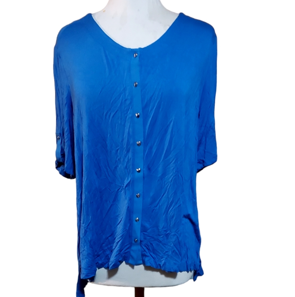 Cato 2xl Blouse Top Shirt Blue Short Sleeve Button Front Woman dimension…
